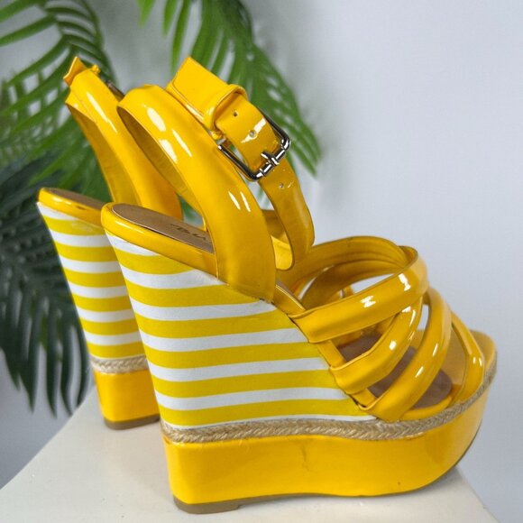 Vintage Y2K Yellow Striped Boho Strappy Open Toe Sandals Platform Wedge Heels /7 - Picture 2 of 8